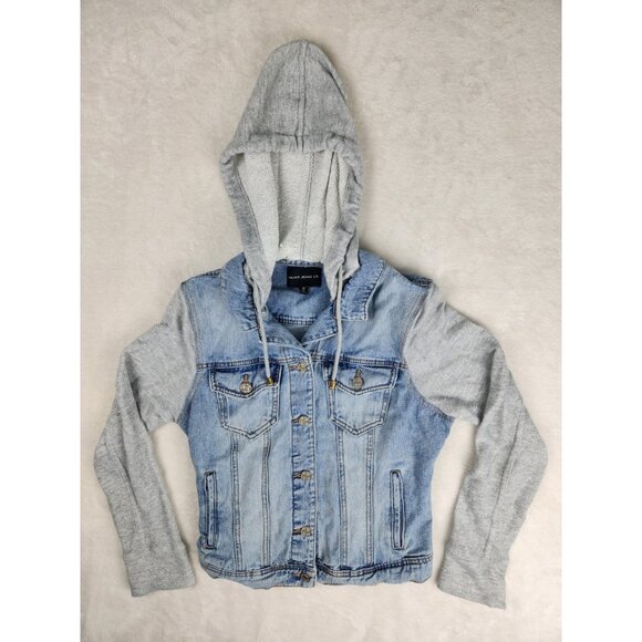 Silver Women's Denim Jacket With Hood Size Medium Trucker Strech - Picture 1 of 12